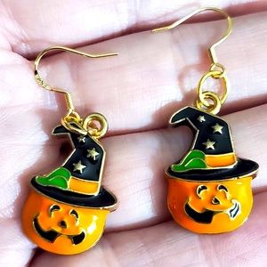 Pumpkin witch earrings Halloween enamel handmade 925 silver gold plated gift